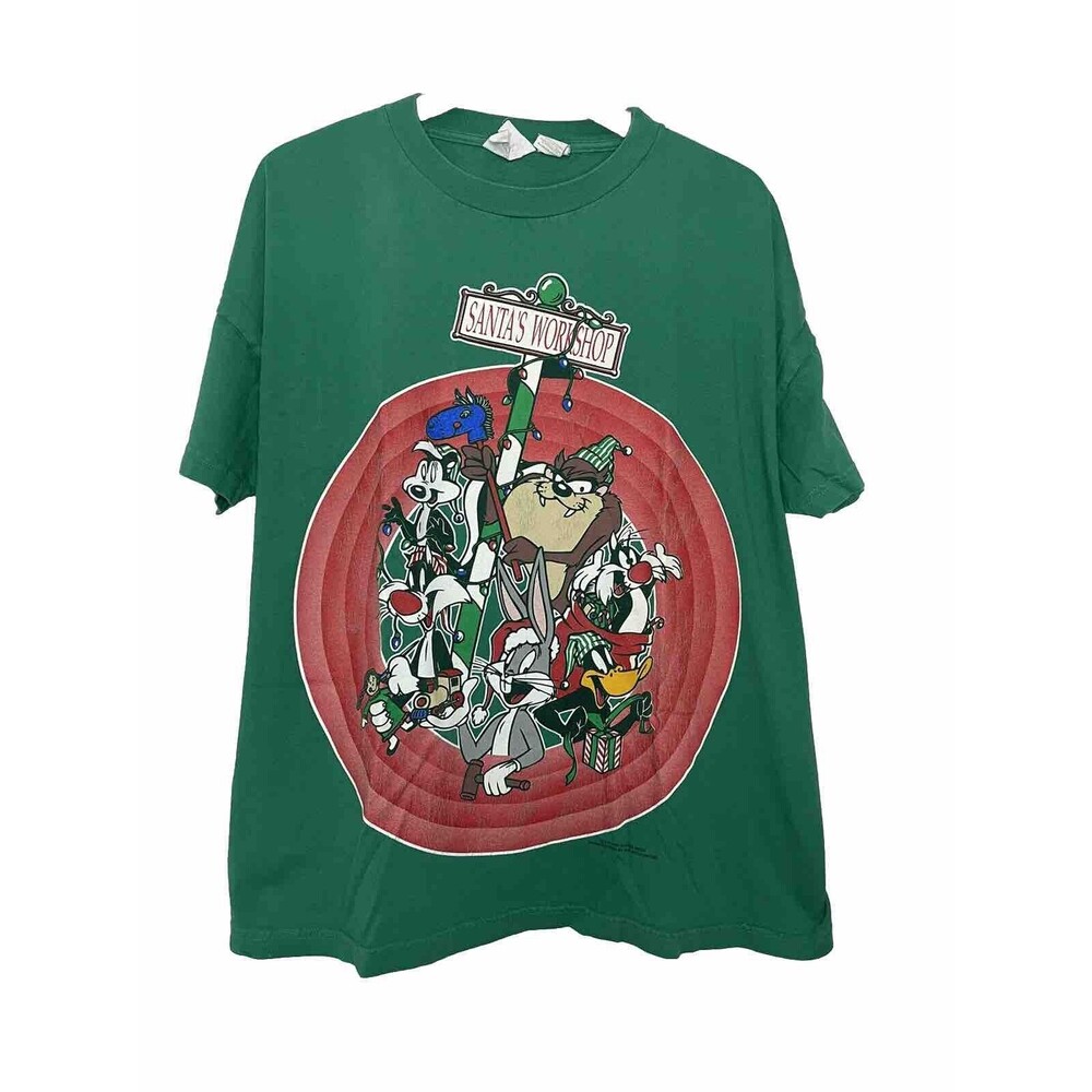 VTG 90s Looney Tunes T-Shirt Unisex Adult XL Green Christmas 1995 Character